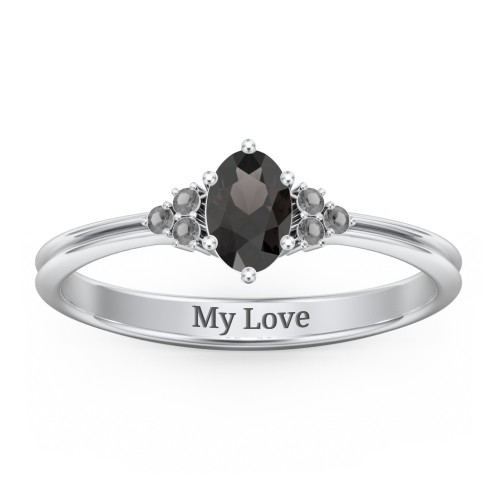 Solitaire Oval with Triple Accents Ring – Sterling Silver with Smokey Quartz and Black Premium Zirconia