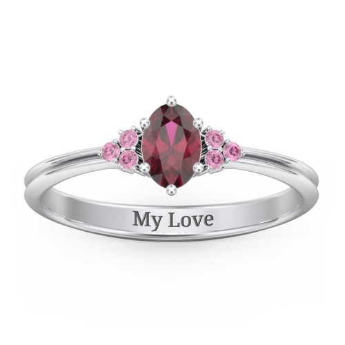 Solitaire Oval with Triple Accents Ring – Sterling Silver with Ruby and Red Premium Zirconia