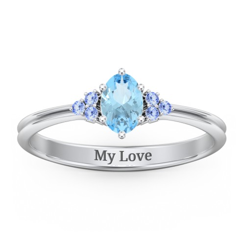 Solitaire Oval with Triple Accents Ring – Sterling Silver with Blue Topaz and Fancy Blue Premium Zirconia
