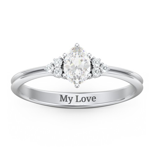 Solitaire Oval with Triple Accents Ring – Sterling Silver with White Sapphire and White Premium Zirconia