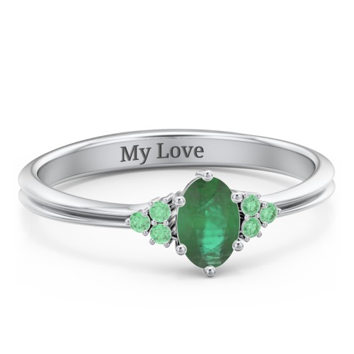 Solitaire Oval with Triple Accents Ring – Sterling Silver with Emerald and Green Premium Zirconia