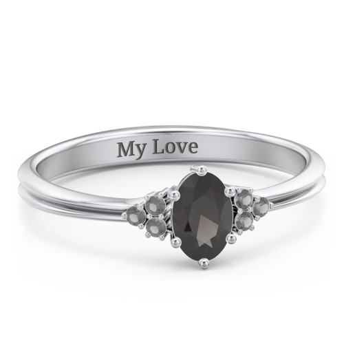 Solitaire Oval with Triple Accents Ring – Sterling Silver with Smokey Quartz and Black Premium Zirconia
