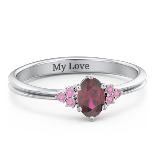 Solitaire Oval with Triple Accents Ring – Sterling Silver with Ruby and Red Premium Zirconia
