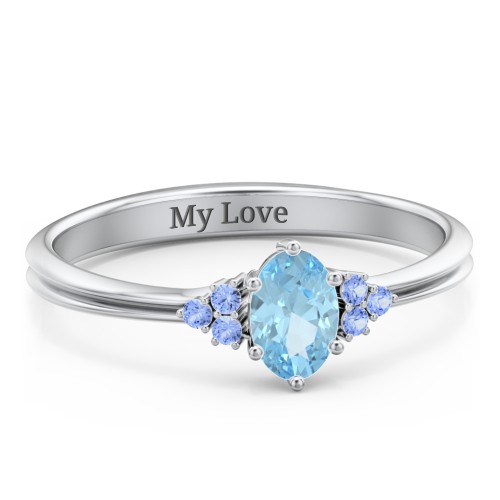 Solitaire Oval with Triple Accents Ring – Sterling Silver with Blue Topaz and Fancy Blue Premium Zirconia