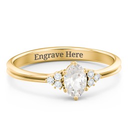Solitaire Oval with Triple Accents Ring in 10K Solid Yellow Gold with Cubic Zirconia and White Premium Zirconia