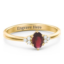 Solitaire Oval with Triple Accents Ring in 10K Solid Yellow Gold with Garnet and White Premium Zirconia