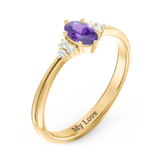 Solitaire Oval with Triple Accents Ring – 10K Yellow Gold with Amethyst and White Premium Zirconia