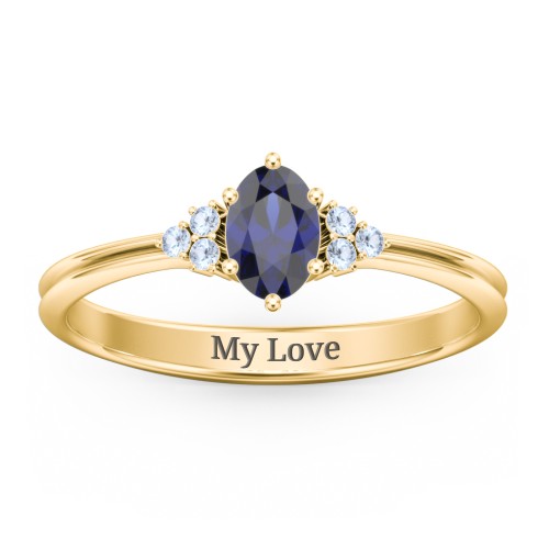 Solitaire Oval with Triple Accents Ring – 10K Yellow Gold with Blue Sapphire and Fancy Blue Premium Zirconia