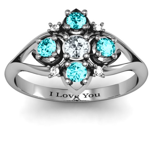 Round Stone "Beehive" Bloom Ring with Acccents – Sterling Silver with Cubic Zirconia, Mint Premium Zirconia, and White Premium Zirconia