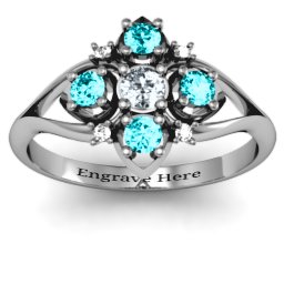 Round Stone "Beehive" Bloom Ring with Acccents in 10K Solid White Gold with Cubic Zirconia, Mint Premium Zirconia, and White Premium Zirconia