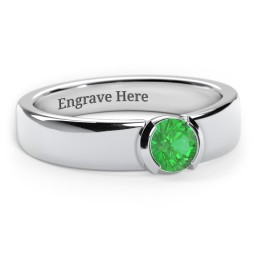 Half Bezel Set Round Stone Ring with Wide Band