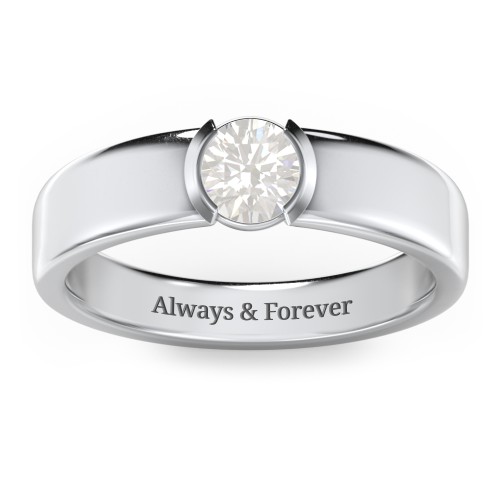 Half Bezel Set Round Stone Ring with Wide Band