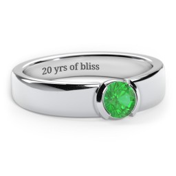 Half Bezel Set Round Stone Ring with Wide Band in 925 Sterling Silver with Emerald