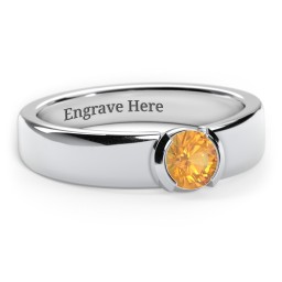 Half Bezel Set Round Stone Ring with Wide Band in 925 Sterling Silver with Citrine
