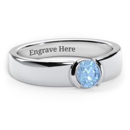 Half Bezel Set Round Stone Ring with Wide Band in 925 Sterling Silver with Blue Topaz