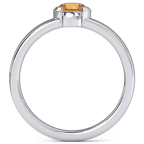 Half Bezel Set Round Stone Ring with Wide Band – Sterling Silver with Citrine