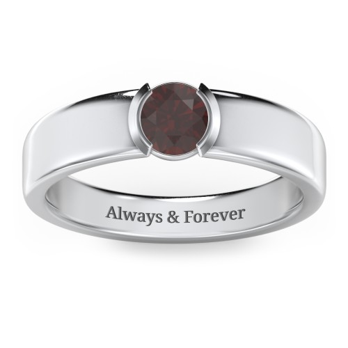 Half Bezel Set Round Stone Ring with Wide Band – Sterling Silver with Garnet