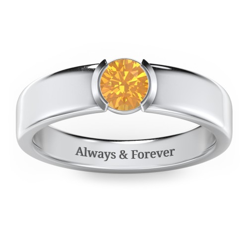 Half Bezel Set Round Stone Ring with Wide Band – Sterling Silver with Citrine