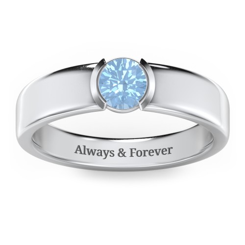 Half Bezel Set Round Stone Ring with Wide Band – Sterling Silver with Blue Topaz