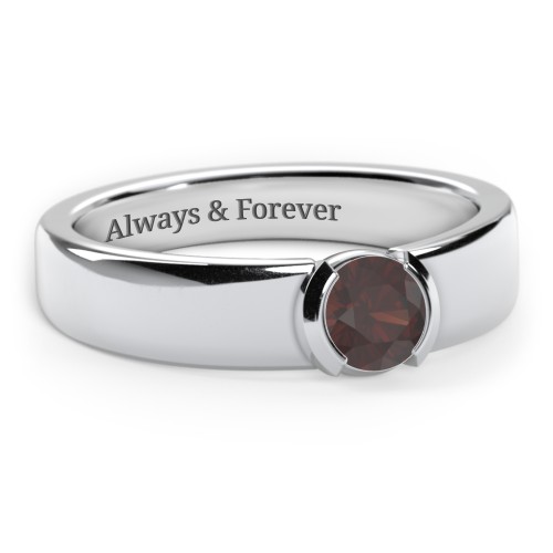 Half Bezel Set Round Stone Ring with Wide Band – Sterling Silver with Garnet