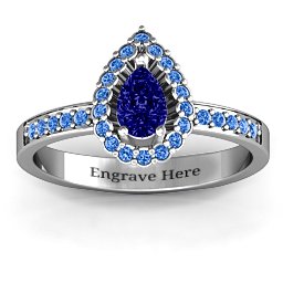 Pear Shaped Halo Ring in 925 Sterling Silver with Blue Sapphire and Fancy Blue Premium Zirconia
