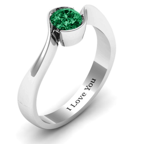 Fancy Solitaire Swirl Ring – 10K White Gold with Emerald