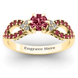 Fancy Split Shank Solitaire Accent Ring in 14K Solid Yellow Gold with Red Premium Zirconia and Golden Yellow Premium Zirconia