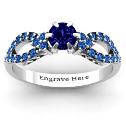 Fancy Split Shank Solitaire Accent Ring in 925 Sterling Silver with Blue Sapphire and Fancy Blue Premium Zirconia