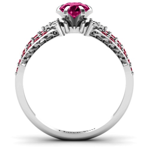 Fancy Split Shank Solitaire Accent Ring – Sterling Silver with Ruby, White Premium Zirconia, and Red Premium Zirconia
