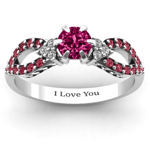 Fancy Split Shank Solitaire Accent Ring – Sterling Silver with Ruby, White Premium Zirconia, and Red Premium Zirconia