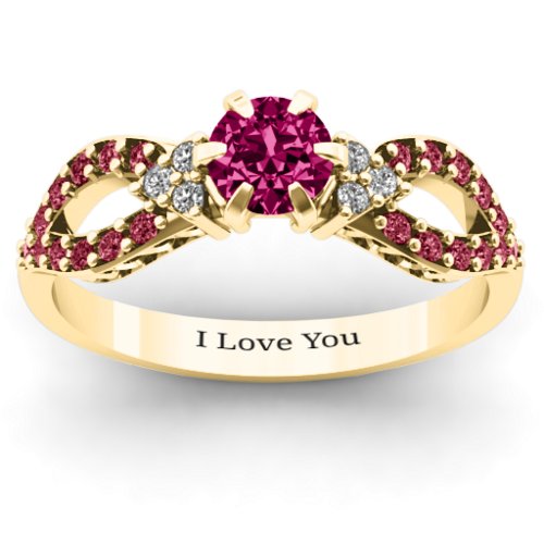 Fancy Split Shank Solitaire Accent Ring – 10K Yellow Gold with Ruby, White Premium Zirconia, and Red Premium Zirconia
