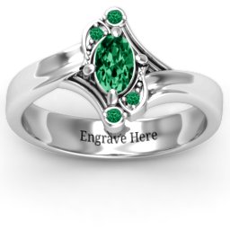 Fancy Oval Asymmetrical Ring in 925 Sterling Silver with Emerald and Green Premium Zirconia