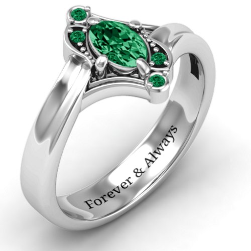 Fancy Oval Asymmetrical Ring – Sterling Silver with Emerald and Green Premium Zirconia