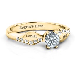 Dimpled Solitaire with Accents Ring in 10K Solid Yellow Gold with Cubic Zirconia and White Premium Zirconia