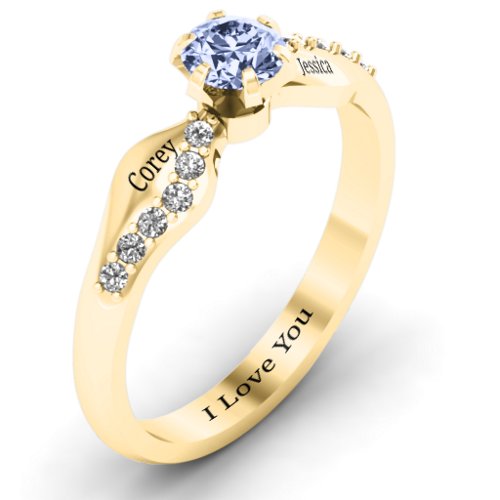Dimpled Solitaire with Accents Ring – 14K Yellow Gold with Lavender Premium Zirconia and White Premium Zirconia