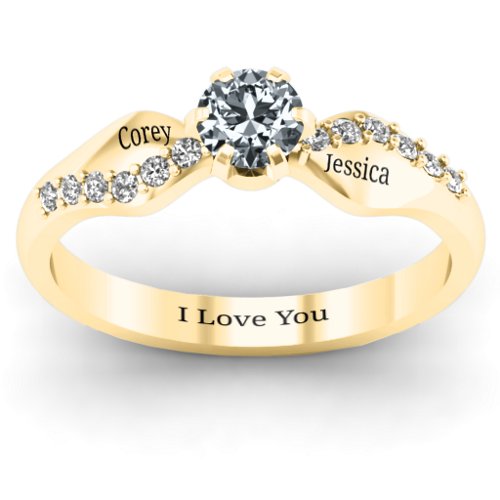 Dimpled Solitaire with Accents Ring – 10K Yellow Gold with Cubic Zirconia and White Premium Zirconia