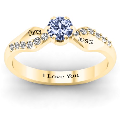 Dimpled Solitaire with Accents Ring – 14K Yellow Gold with Lavender Premium Zirconia and White Premium Zirconia