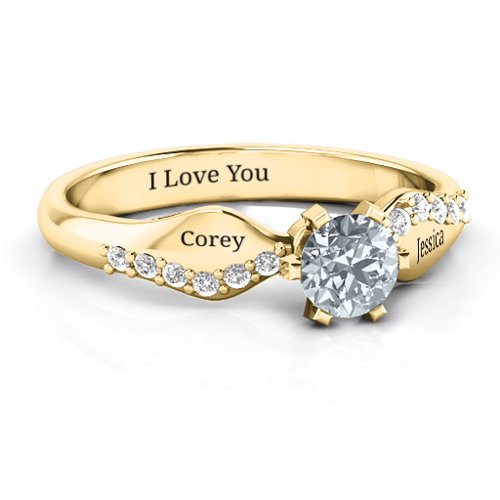 Dimpled Solitaire with Accents Ring – 10K Yellow Gold with Cubic Zirconia and White Premium Zirconia