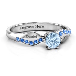 Dimpled Solitaire with Accents Ring in 925 Sterling Silver with Aquamarine and Fancy Blue Premium Zirconia