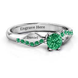 Dimpled Solitaire with Accents Ring in 925 Sterling Silver with Emerald and Green Premium Zirconia