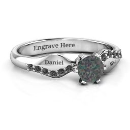 Dimpled Solitaire with Accents Ring in 925 Sterling Silver with Alexandrite and Black Premium Zirconia