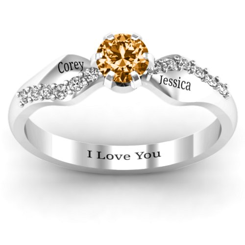 Dimpled Solitaire with Accents Ring – Sterling Silver with Citrine and White Premium Zirconia