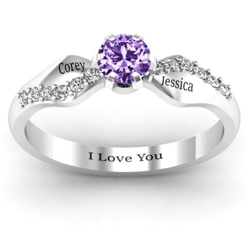 Dimpled Solitaire with Accents Ring – Sterling Silver with Amethyst and White Premium Zirconia