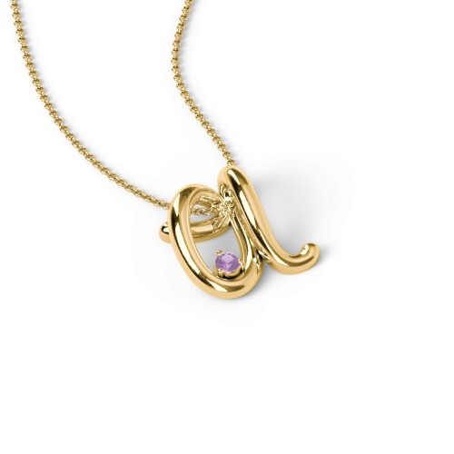 A to Z Initial Pendant with Birthstone – 18K Gold Plated Silver with Amethyst