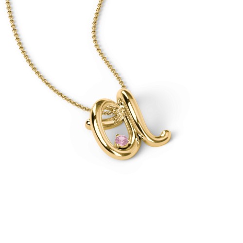 A to Z Initial Pendant with Birthstone – 18K Gold Plated Silver with Pink Tourmaline
