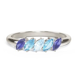 5 Stone Marquise Ring in 10K Solid White Gold with Blue Sapphire, Blue Topaz, and Aquamarine