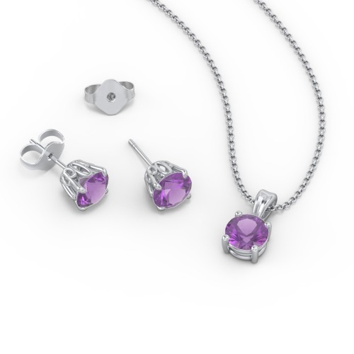 Solitaire Birthstone Necklace and Earrings Set – Sterling Silver with Amethyst