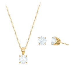 Solitaire Birthstone Necklace and Earrings Set in 10K Solid Yellow Gold with Aquamarine