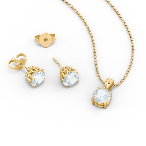Solitaire Birthstone Necklace and Earrings Set – 10K Yellow Gold with Aquamarine