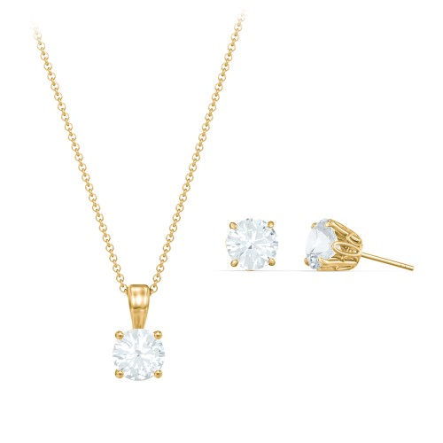 Solitaire Birthstone Necklace and Earrings Set – 10K Yellow Gold with Aquamarine